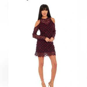 Self-Portrait Floral Grid Cold Shoulder Mini Dress Burgundy Navy Guipure Lace 6‎